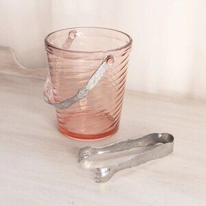 Vintage Fostoria Pink Glass Spiral Optic Ice Bucket with Tongs